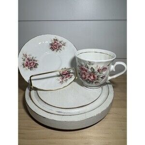 VTG Hitkari Bone China Floral Rose Gold Trim Tea Cup Saucer- Bridgerton Style